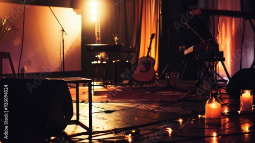 Empty Stage With Candles And Musical Instruments