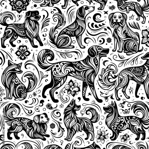 Black and White Ornamental Dog Seamless Pattern