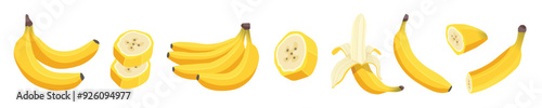 Fresh banana fruits set isolated on white background. Peeled banana and bunch of bananas, pieces and slices collection. Tropical fruits, banana snack, vegetarian menu. Vector illustration, flat simple