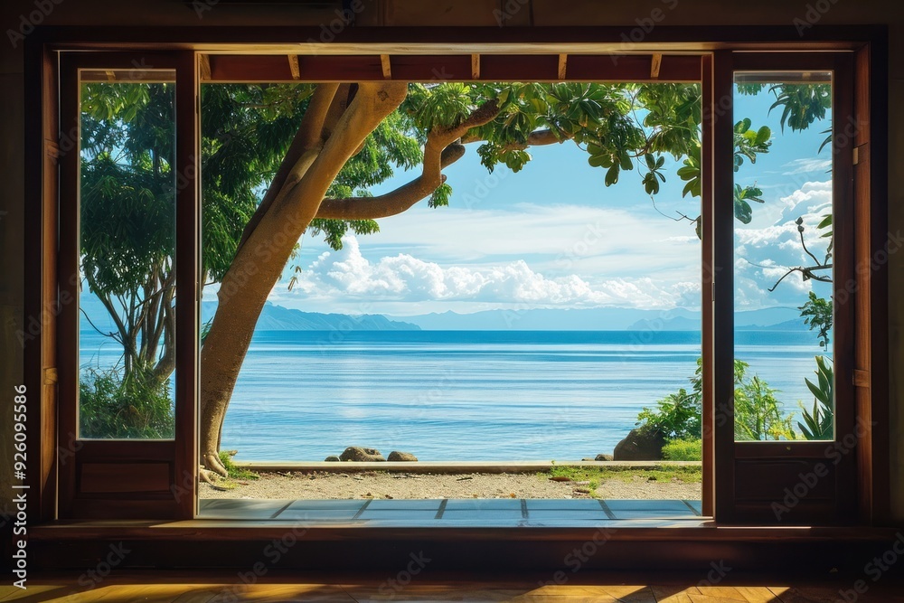 Fototapeta premium Window inside bungalow outdoors nature sea.