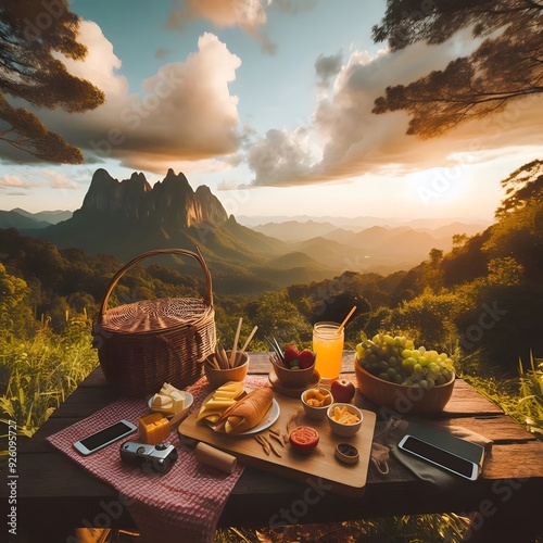 Romantic Picnic with Mountain View at Sunset