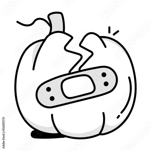 Broken pumpkin with a bandage on it, doodle icon 

