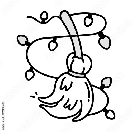 Hand drawn icon of broomstick with string lights 

