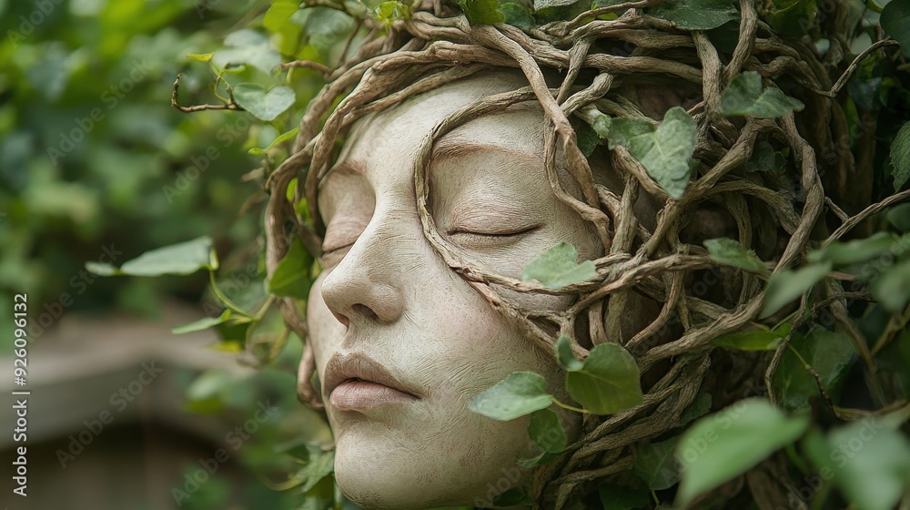 Claustrophobic Mind: Close-up of Head Wrapped in Anxious Vine Symbol, Surreal and Suffocating Thoughts, Overgrown Garden Backdrop Overlay Claustrophobic Mind: Close-up of Head Wrapped in Anxious Vine Symbol, Surreal and Suffocating Thoughts, Overgrown Garden Backdrop Overlay