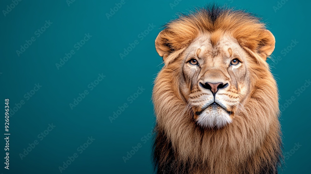 Fototapeta premium A majestic lion with a stunning mane, gazing confidently against a vibrant teal background. Perfect for wildlife and nature themes.