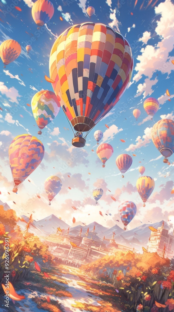 Fototapeta premium Enchanting Autumn Skies Adventure: A Journey of Colorful Hot Air Balloons Gracefully Rising in the Cool Breeze of Fall, Anime-Style 4K Wallpaper,Happy New Year 2025