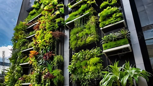 Vertical garden animation. Various plants growing on vertical structures in a modern garden setting. Innovative design. photo