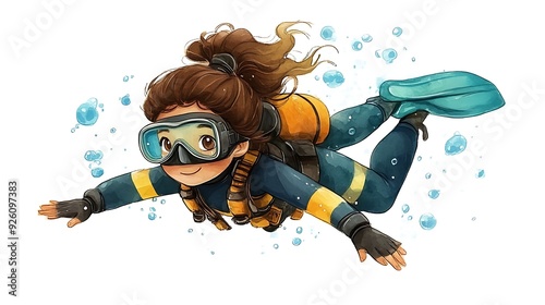 Young Girl Underwater Scuba Diving with Bubbles.