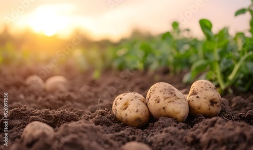 Freshly Dug Potatoes in Soil at Sunrise, Generative AI