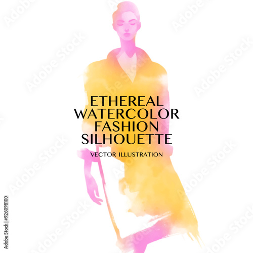 Abstract Watercolor Fashion Illustration in Yellow and Magenta on White Background.	