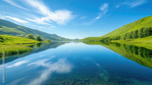 Crystal-clear lake surrounded by lush green hills, with a bright summer sky reflecting on the water