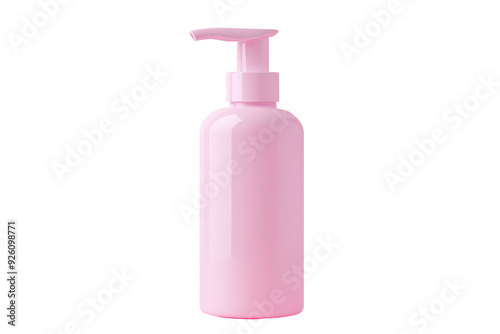 A pink plastic pump bottle for dispensing liquid soap, lotion, or other toiletries, isolated on a transparent background.