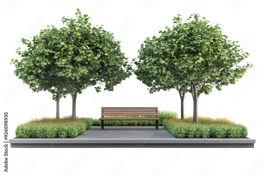 A serene park bench situated between two lush trees, providing a tranquil setting for relaxation and contemplation. A serene park bench situated between two lush trees, providing a tranquil setting for relaxation and contemplation.