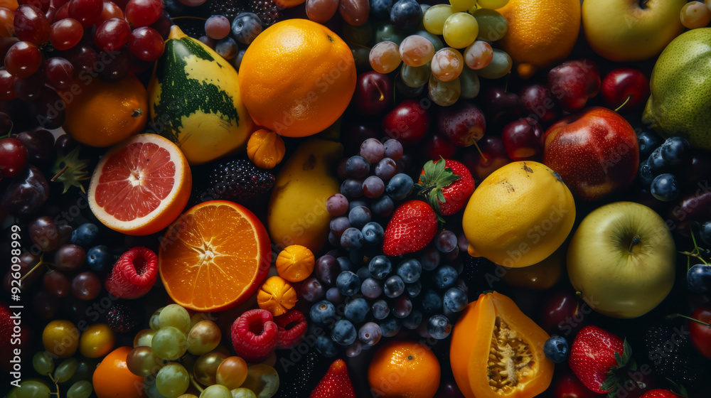 Top view of many different fruits on the table. Various fruits and berries on the table. Fruit, food concept. Top view of many different fruits on the table. Various fruits and berries on the table. Fruit, food concept.