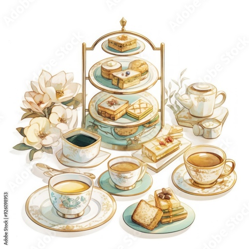 Afternoon Tea Illustration - Delicate Watercolor Painting Generated with Ai photo