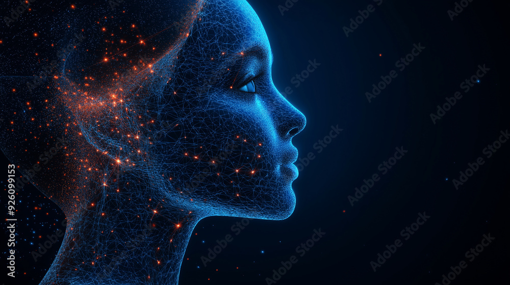 A human profile or facial structure made of data fibers and light points, which represents the idea, artificial intelligence (AI) and digital data connections to the workings of the artificial brain. A human profile or facial structure made of data fibers and light points, which represents the idea, artificial intelligence (AI) and digital data connections to the workings of the artificial brain.