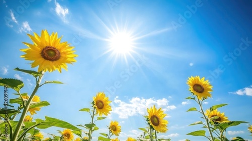 Golden fields of sunflowers under a bright blue sky, with the tall flowers turning toward the warm summer sun