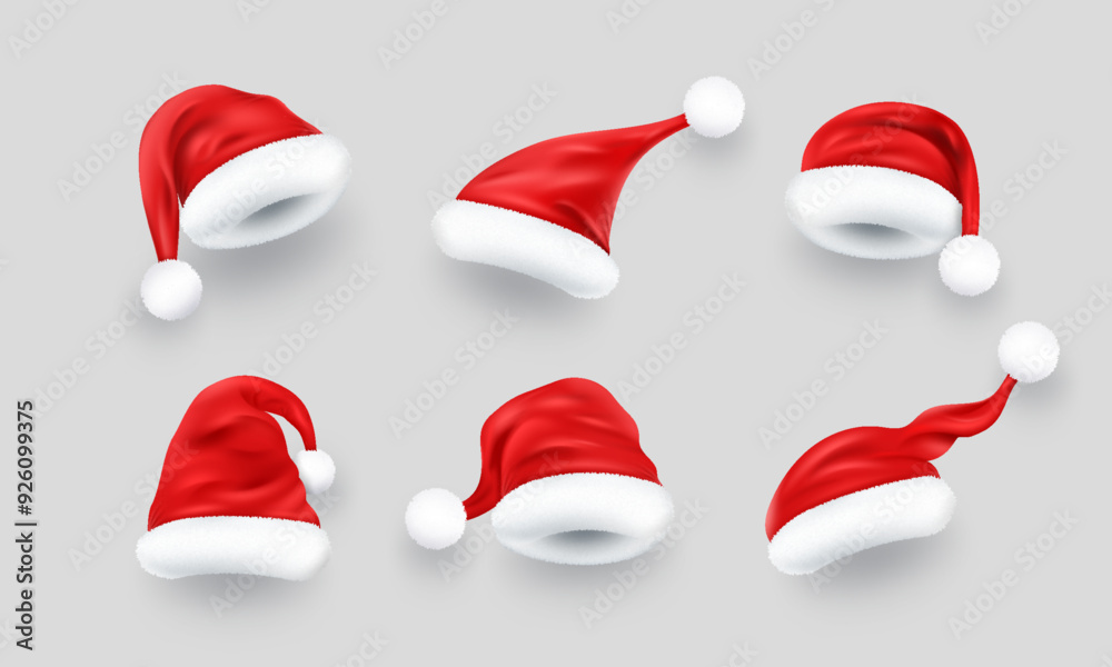 Christmas red Santa Claus hats collection with white fur. Realistic vector New Year decoration element design. Christmas red Santa Claus hats collection with white fur. Realistic vector New Year decoration element design.