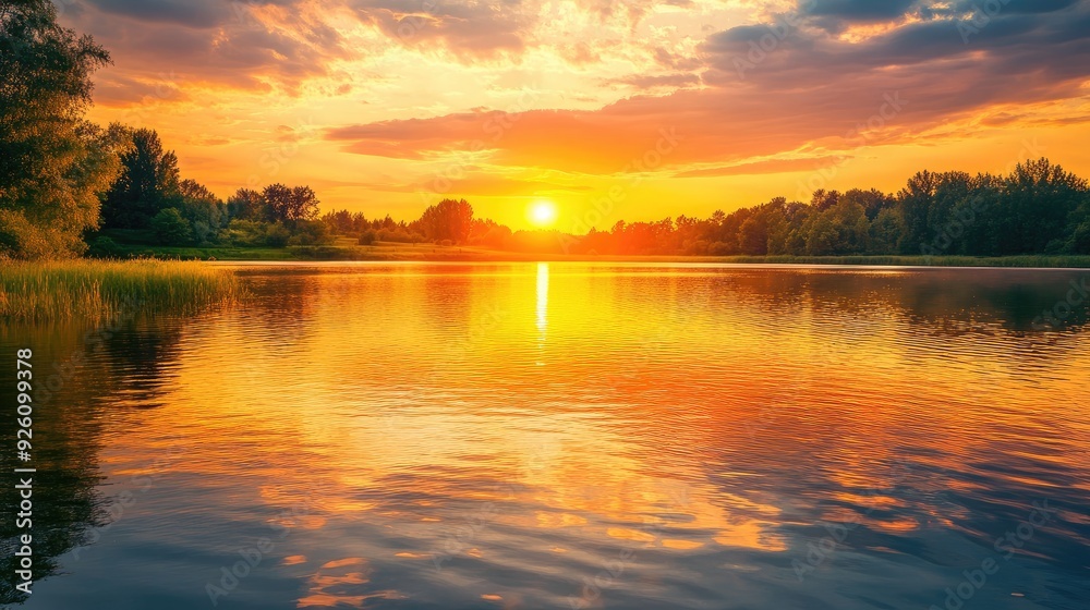 Fototapeta premium Golden sunset over a tranquil summer lake, with the sky ablaze in shades of orange and pink