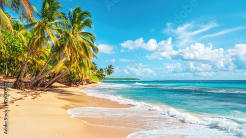 Lush tropical beach with palm trees swaying in the breeze, clear blue water, and a bright summer sky