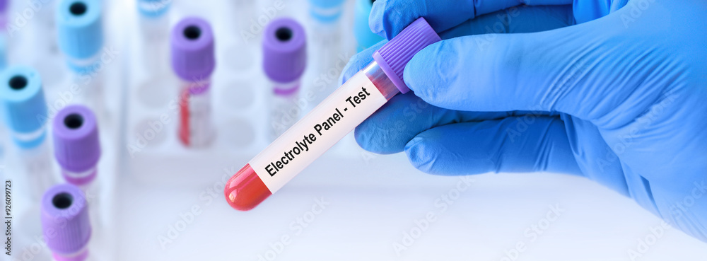 Fototapeta premium Doctor holding a test blood sample tube with Electrolyte panel test on the background of medical test tubes with analyzes.