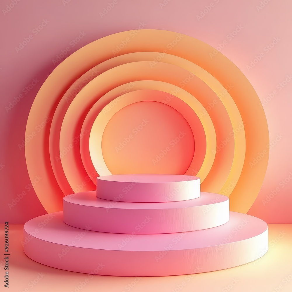 Obraz premium Orange and pink podium with layered circles and soft lighting, creating a 3D effect, ideal for modern product displays, Layered podium, 3D effect