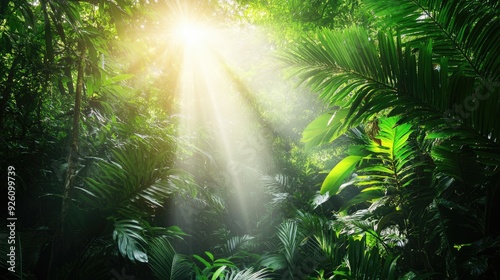 Lush tropical rainforest with vibrant green foliage  sunlight streaming through the canopy in a summer scene