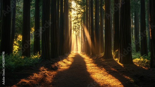 Path winding through a dense forest of tall, straight trees, with sunlight filtering through the leaves above