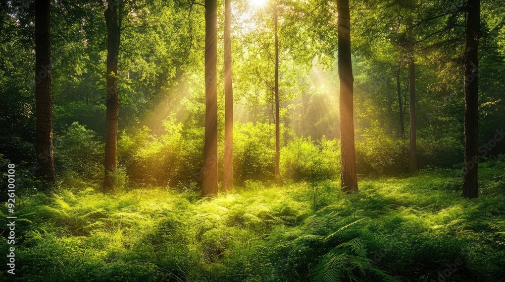 Fototapeta premium Sun-dappled forest clearing with tall trees, green ferns, and a bright summer sky above