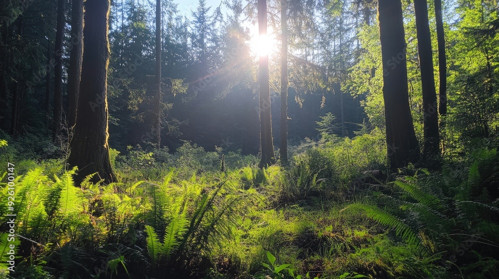 Obraz premium Sun-dappled forest clearing with tall trees, green ferns, and a bright summer sky above