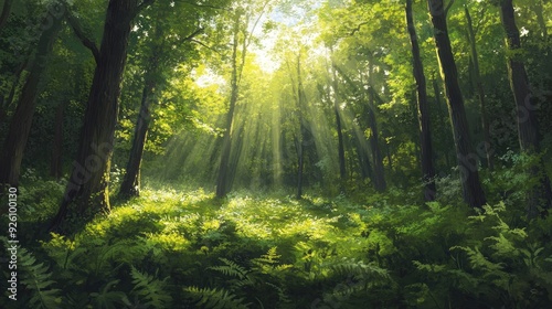 Sun-dappled forest clearing with tall trees, green ferns, and a bright summer sky above