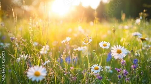 Sun-drenched meadow filled with wildflowers and tall grass, with the warm summer sun shining brightly