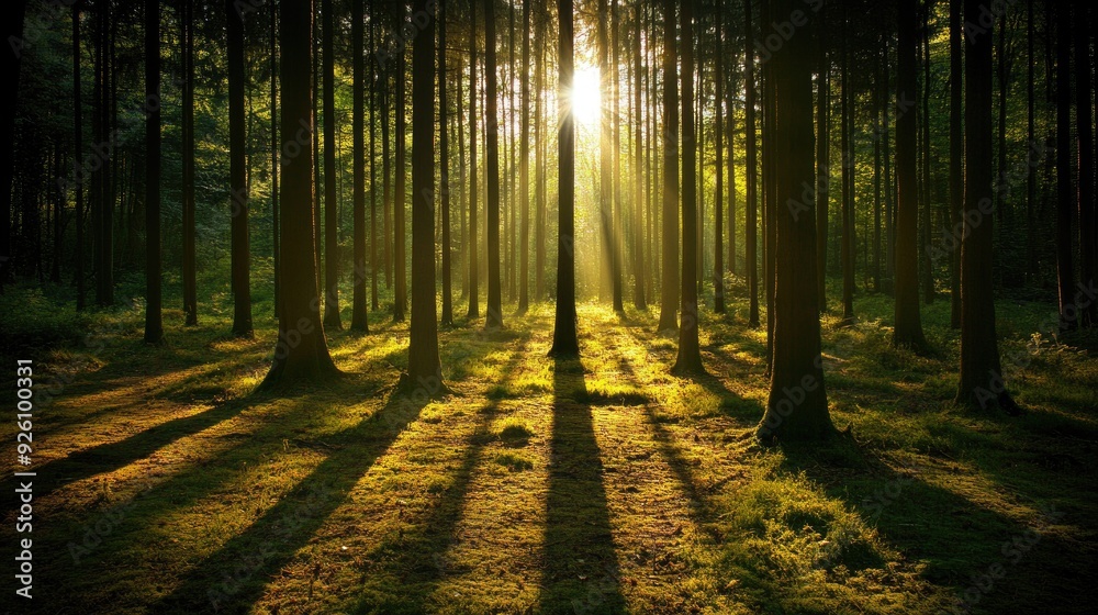 Fototapeta premium Sunlight breaking through the thick canopy of a dense forest, casting long shadows on the forest floor