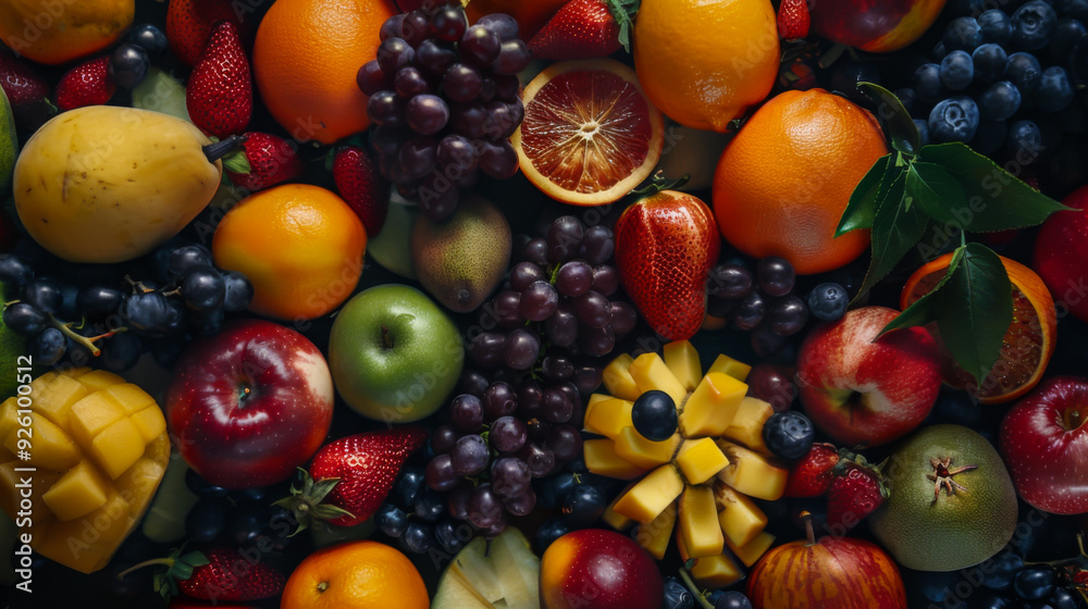 Top view of many different fruits on the table. Various fruits and berries on the table. Fruit, food concept. Top view of many different fruits on the table. Various fruits and berries on the table. Fruit, food concept.