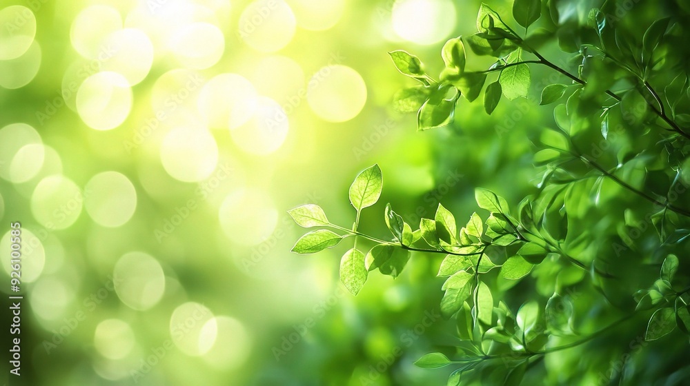 Radiant Spring Leaves: Sunlit green leaves in a vibrant natural setting. A bokeh effect adds depth and a sense of peaceful serenity. 