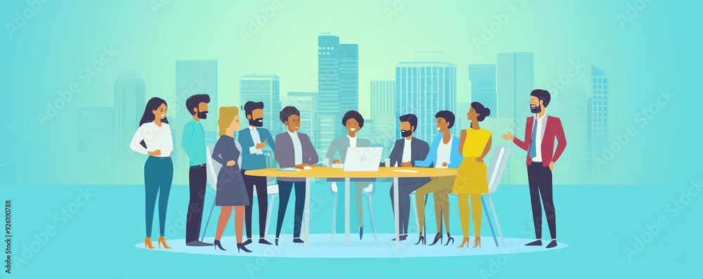 A diverse team collaborates around a table with technology against a city backdrop, showcasing teamwork and innovative discussions. A diverse team collaborates around a table with technology against a city backdrop, showcasing teamwork and innovative discussions.