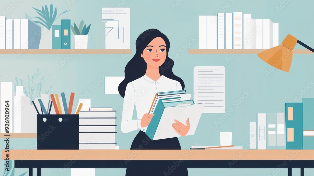 A professional woman organizing files in a modern office setting, surrounded by books and stationery. A professional woman organizing files in a modern office setting, surrounded by books and stationery.