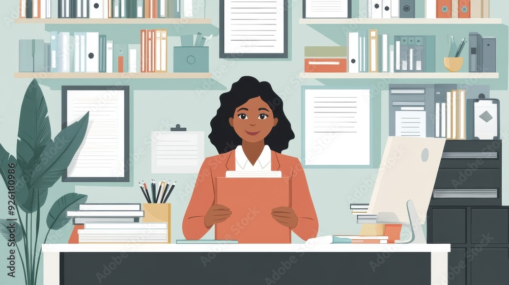 A woman sits at a desk in a cozy office, surrounded by books and plants, exuding a warm and inviting atmosphere of productivity. A woman sits at a desk in a cozy office, surrounded by books and plants, exuding a warm and inviting atmosphere of productivity.