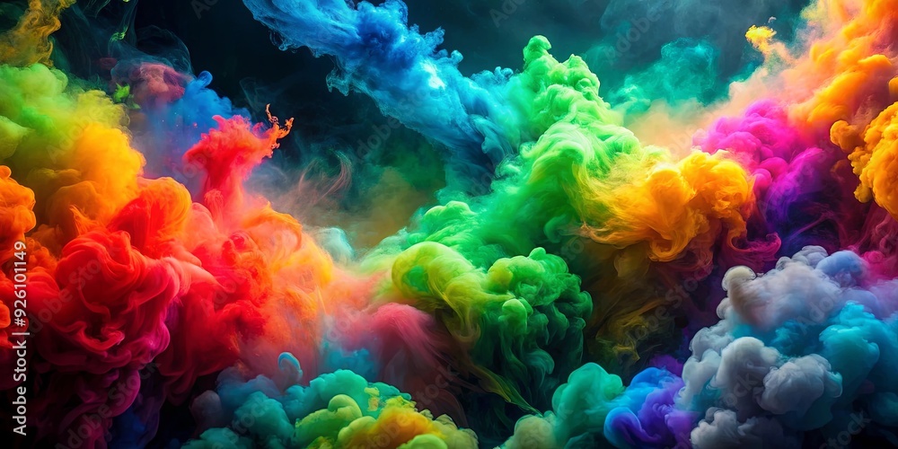 Abstract background with vibrant multi colored swirling smoke explosions in lush greenery , vibrant, abstract, background Abstract background with vibrant multi colored swirling smoke explosions in lush greenery , vibrant, abstract, background