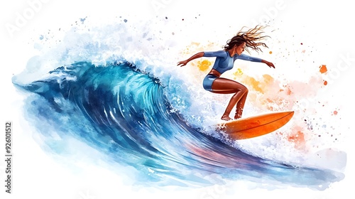 Watercolor illustration of a woman surfing a wave.