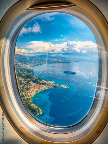 A view from an airplane window looking down on a beautiful coastal town in Italy with a clear blue sky and a few clouds.