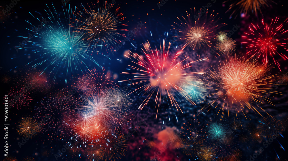 Fototapeta premium Red Green And Blue Fireworks Display In A Starry Night Sky Bright Colorful Explosions Lighting Up The Night With Festive Energy And Excitement
