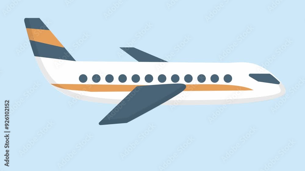 Animated plane flying across the screen, stopping in the middle for a few seconds. Light blue background and pink screen background. Plane animation. 
