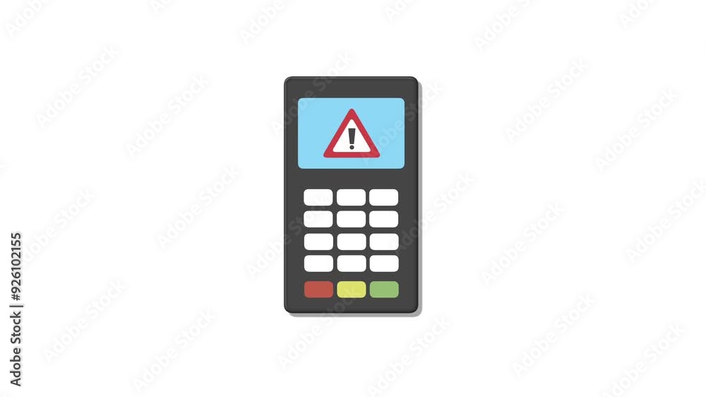 Animated credit card reader symbol appearing on screen.Warning triangle inside. Error with a transaction. Paying with card. Contactless paying. White background. Animated credit card reader symbol appearing on screen.Warning triangle inside. Error with a transaction. Paying with card. Contactless paying. White background.
