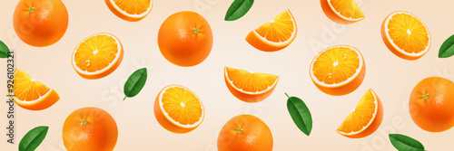 Fresh orange fruit falling on light background. Vector realistic illustration with whole, slice and piece citrus and green leaves.