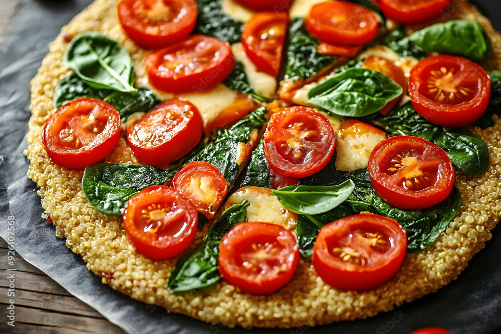 Healthy vegetarian quinoa pizza crust with fresh tomatoes and spinach Healthy vegetarian quinoa pizza crust with fresh tomatoes and spinach