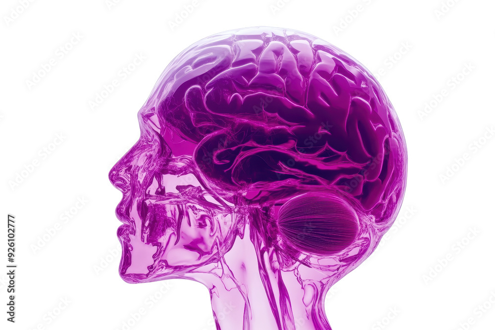 Rendered illustration of a transparent human brain with vibrant purple color, depicting neurological structures and pathways in profile view. Rendered illustration of a transparent human brain with vibrant purple color, depicting neurological structures and pathways in profile view.