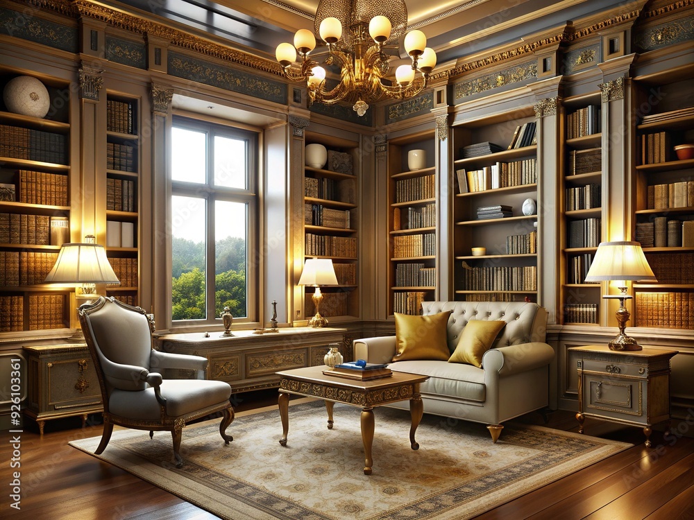 Cozy Study - Serene study with floor-to-ceiling bookshelves, soft lighting, and ornate gold frames adorning the walls, exuding a sense of comfort and tranquility. Cozy Study - Serene study with floor-to-ceiling bookshelves, soft lighting, and ornate gold frames adorning the walls, exuding a sense of comfort and tranquility.