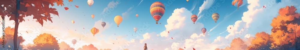 Obraz premium Enchanting Autumn Skies Adventure: A Journey of Colorful Hot Air Balloons Gracefully Rising in the Cool Breeze of Fall, Anime-Style 4K Wallpaper,Happy New Year 2025