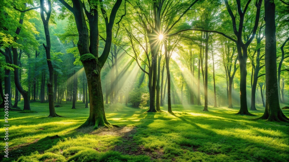 Naklejka premium Lush green forest with sunlight streaming through trees, casting dappled shadows on the ground , nature, forest, green